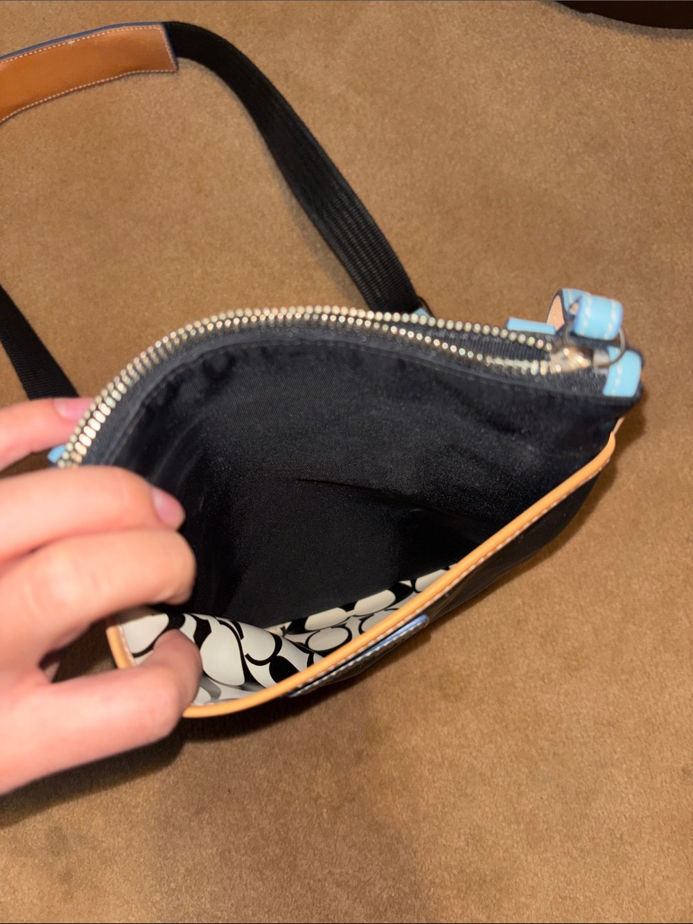 Coach Black Crossbody with Tan Trim and Light Blue Accents - Picture 6 of 9